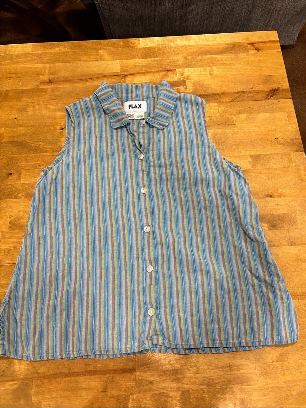FLAX 100% Linen Sleeveless Button Front Striped Top Large